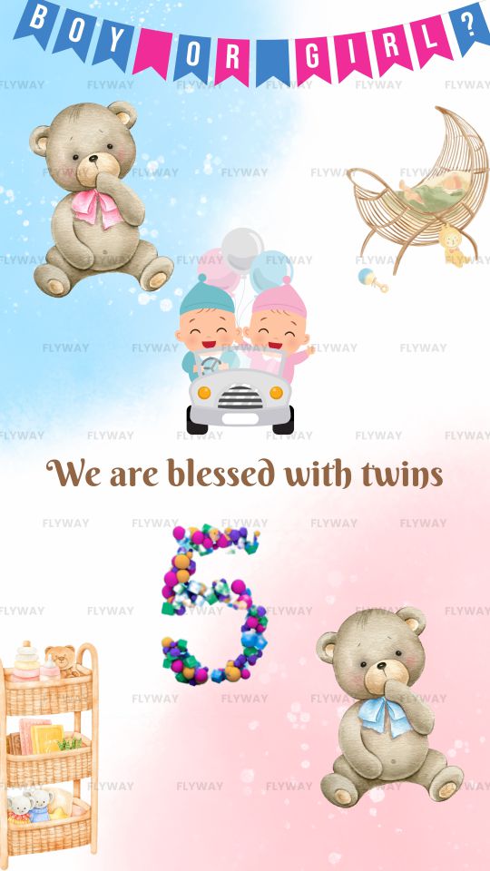 Announcement of twins with playful designs and colorful details.