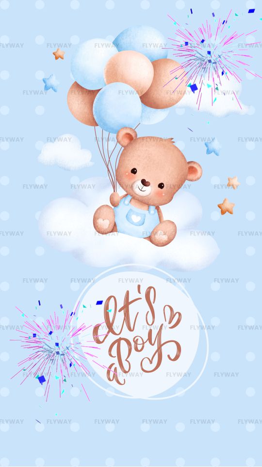 Teddy bear flying with balloons and gender reveal message