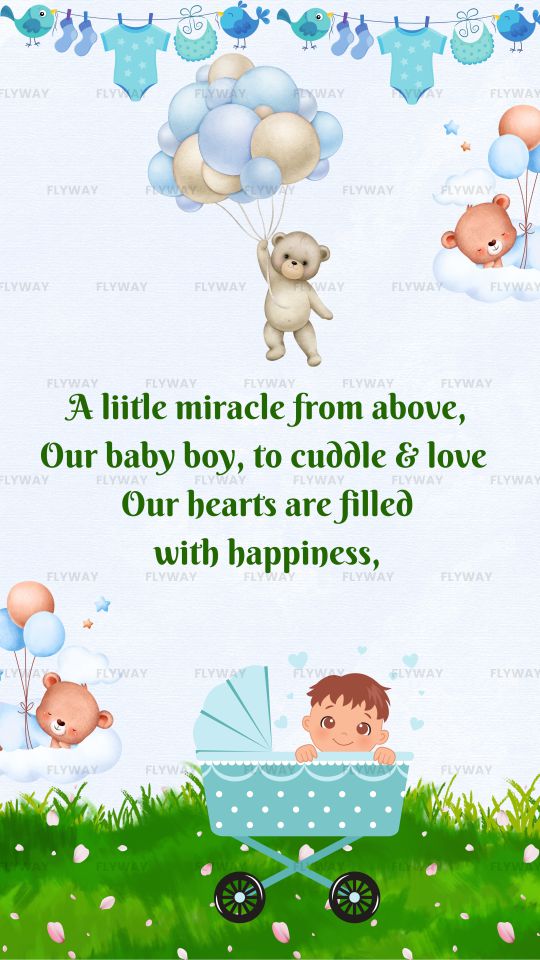 Baby in a stroller with balloons and teddy bears