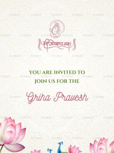 Grih Pravesh invitation with peacock and lotus