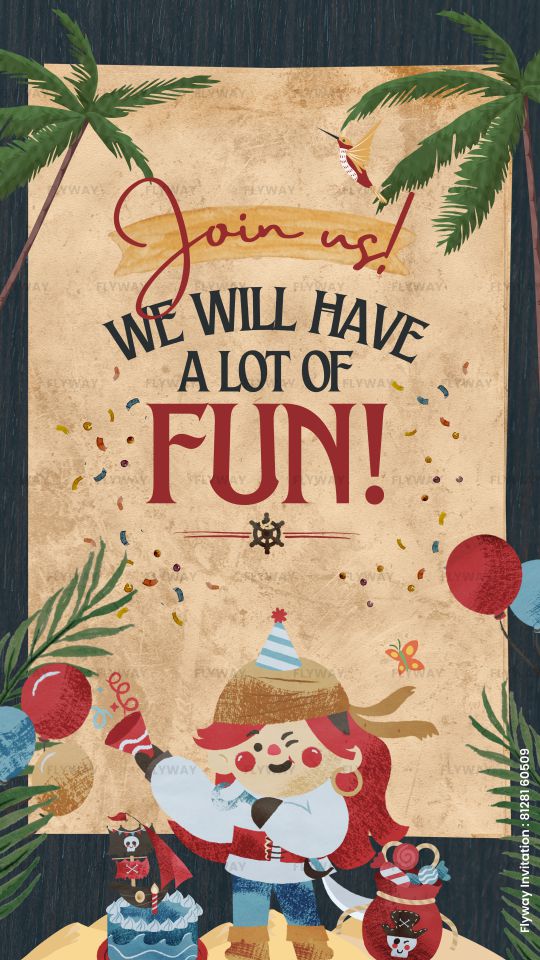 Pirate-themed party invitation with a girl pirate and festive decorations.