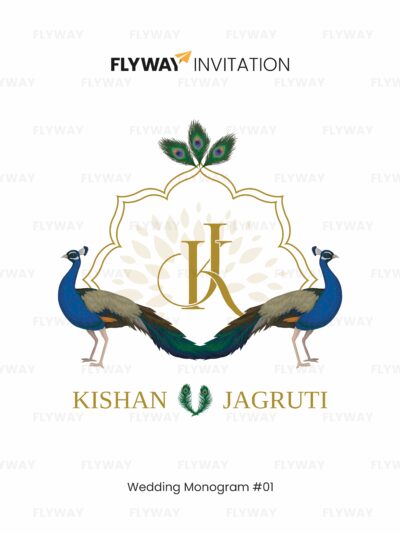 Wedding monogram with initials "K & J" for Kishan and Jagruti, featuring two elegant peacocks, a golden floral frame, and decorative peacock feathers.