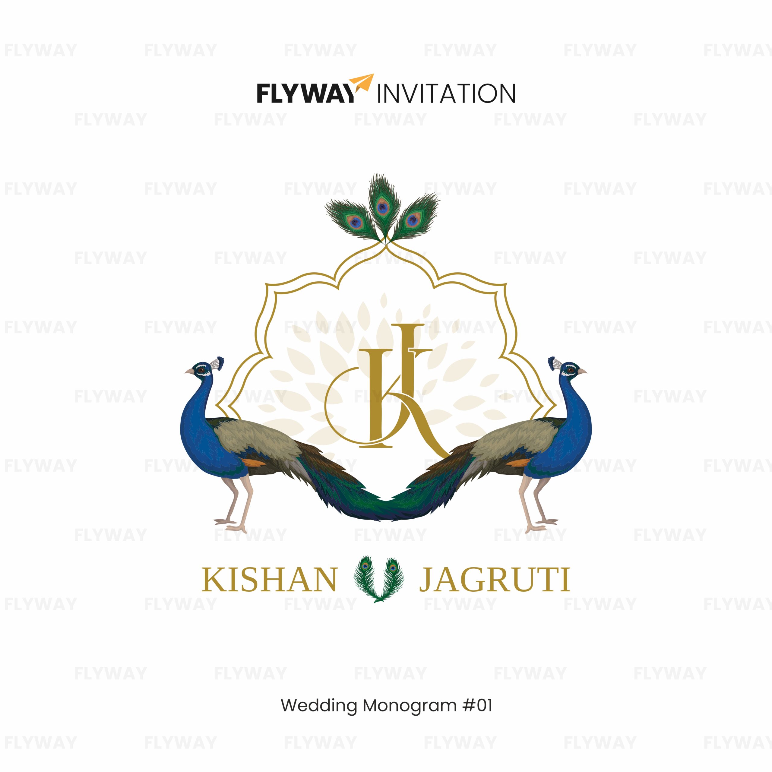 Wedding monogram with initials "K & J" for Kishan and Jagruti, featuring two elegant peacocks, a golden floral frame, and decorative peacock feathers.