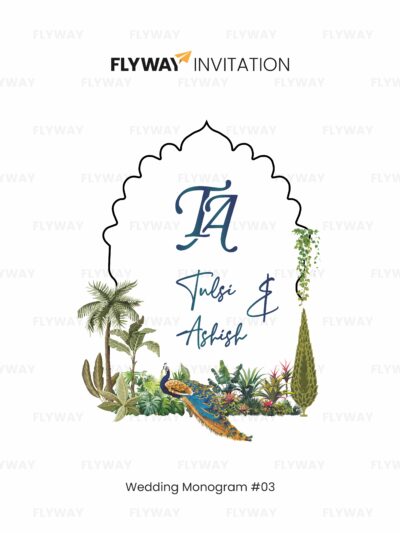 “Royal garden wedding monogram design with floral arch, greenery, and peacock for couple name logo.”
