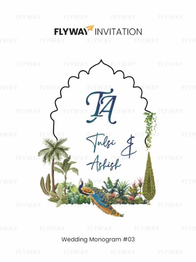 “Royal garden wedding monogram design with floral arch, greenery, and peacock for couple name logo.”