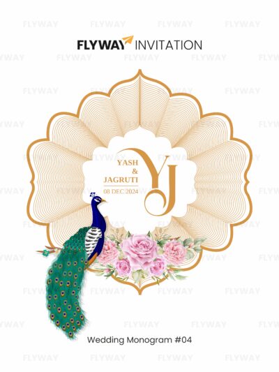 Royal lotus wedding monogram with peacock, floral elements, and couple name initials for wedding invitations.