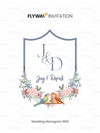 Lovebirds floral wedding monogram with couple initials and romantic flower wreath design.