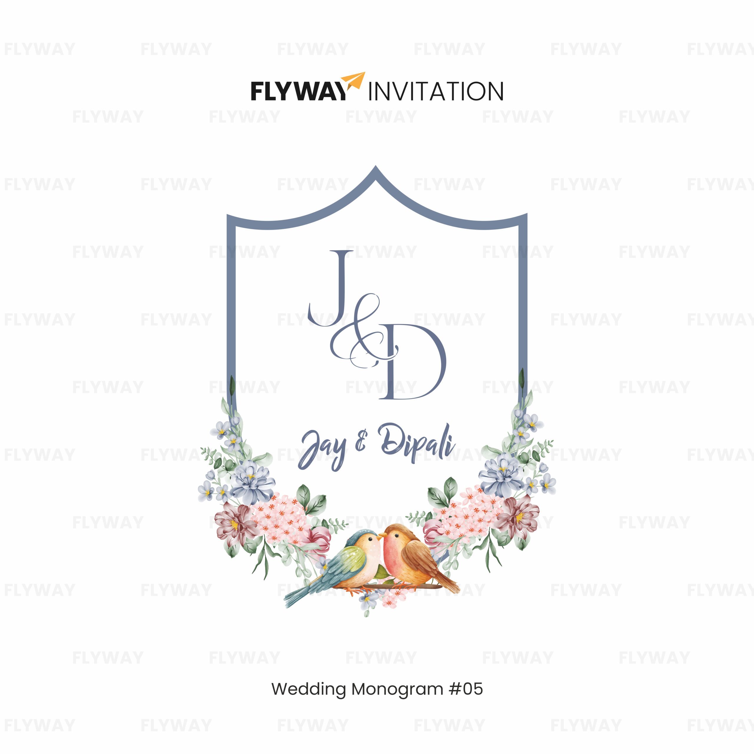 Lovebirds floral wedding monogram with couple initials and romantic flower wreath design.