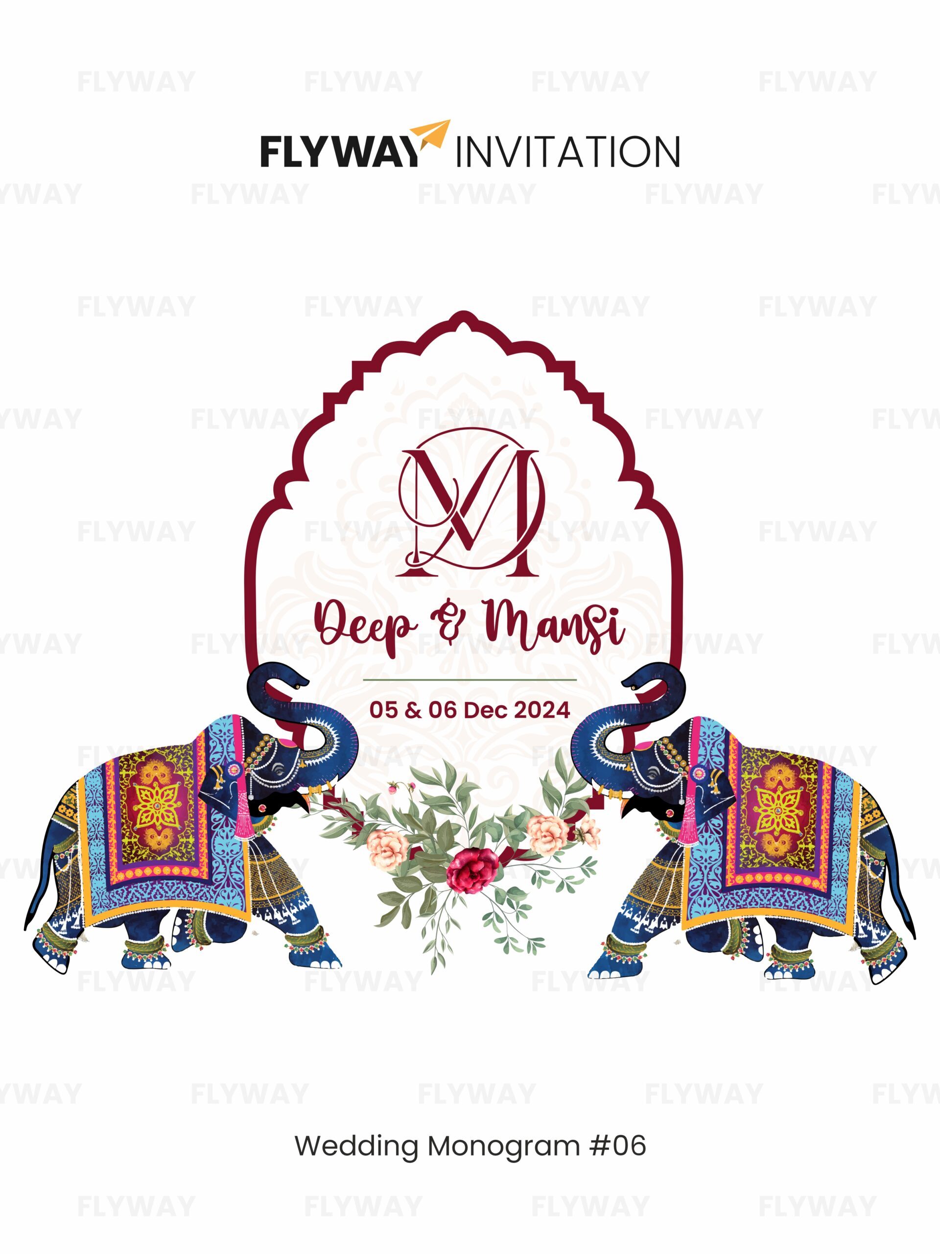 Royal elephant wedding monogram with couple name logo framed by traditional arch and floral accents.