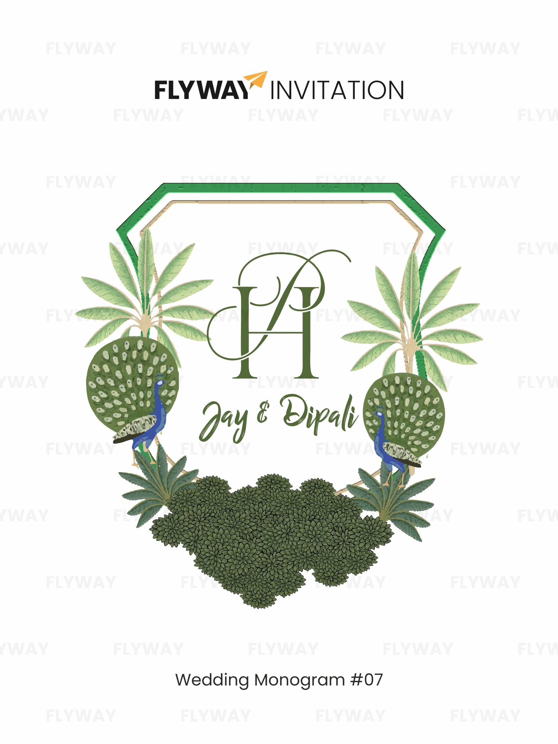 Peacock paradise wedding monogram with couple name logo surrounded by peacocks, palm trees, and lush greenery.