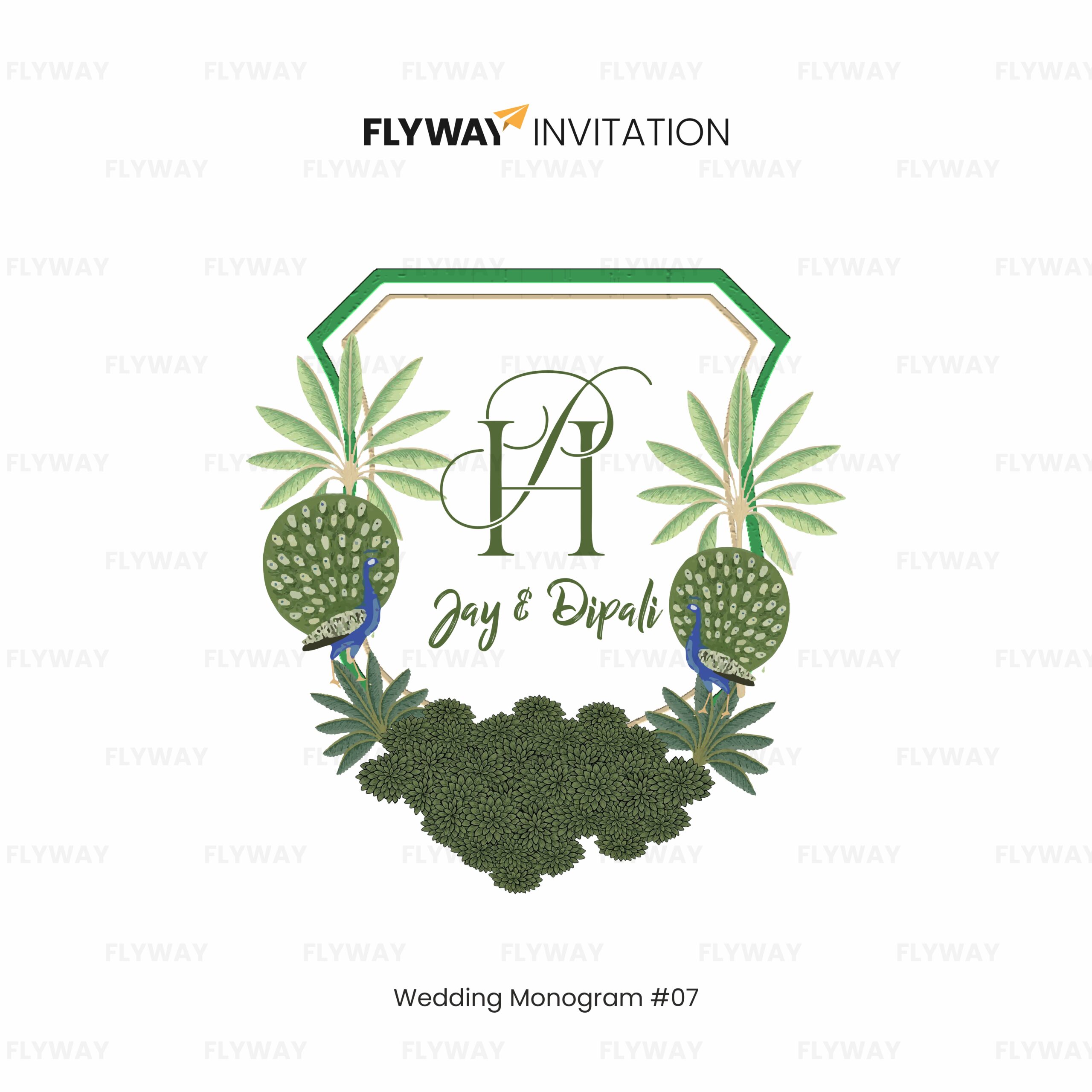 Peacock paradise wedding monogram with couple name logo surrounded by peacocks, palm trees, and lush greenery.
