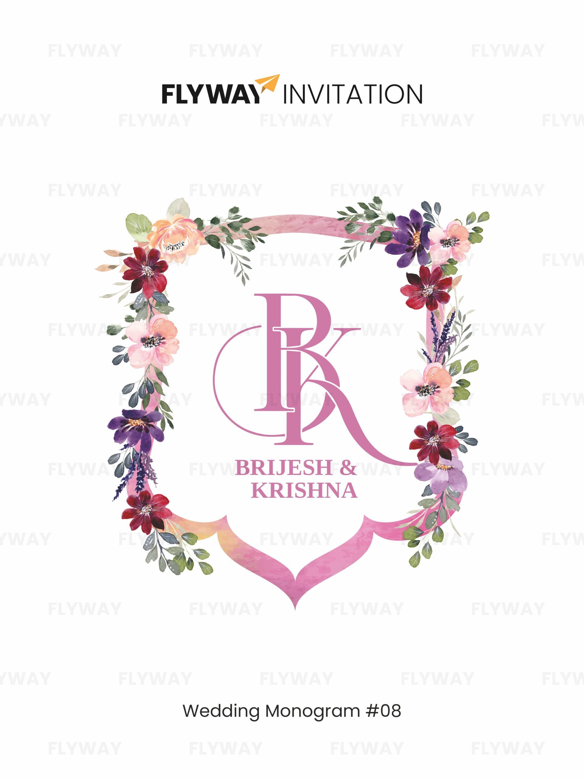 Floral elegance wedding monogram with couple name logo framed in pink and purple flowers.