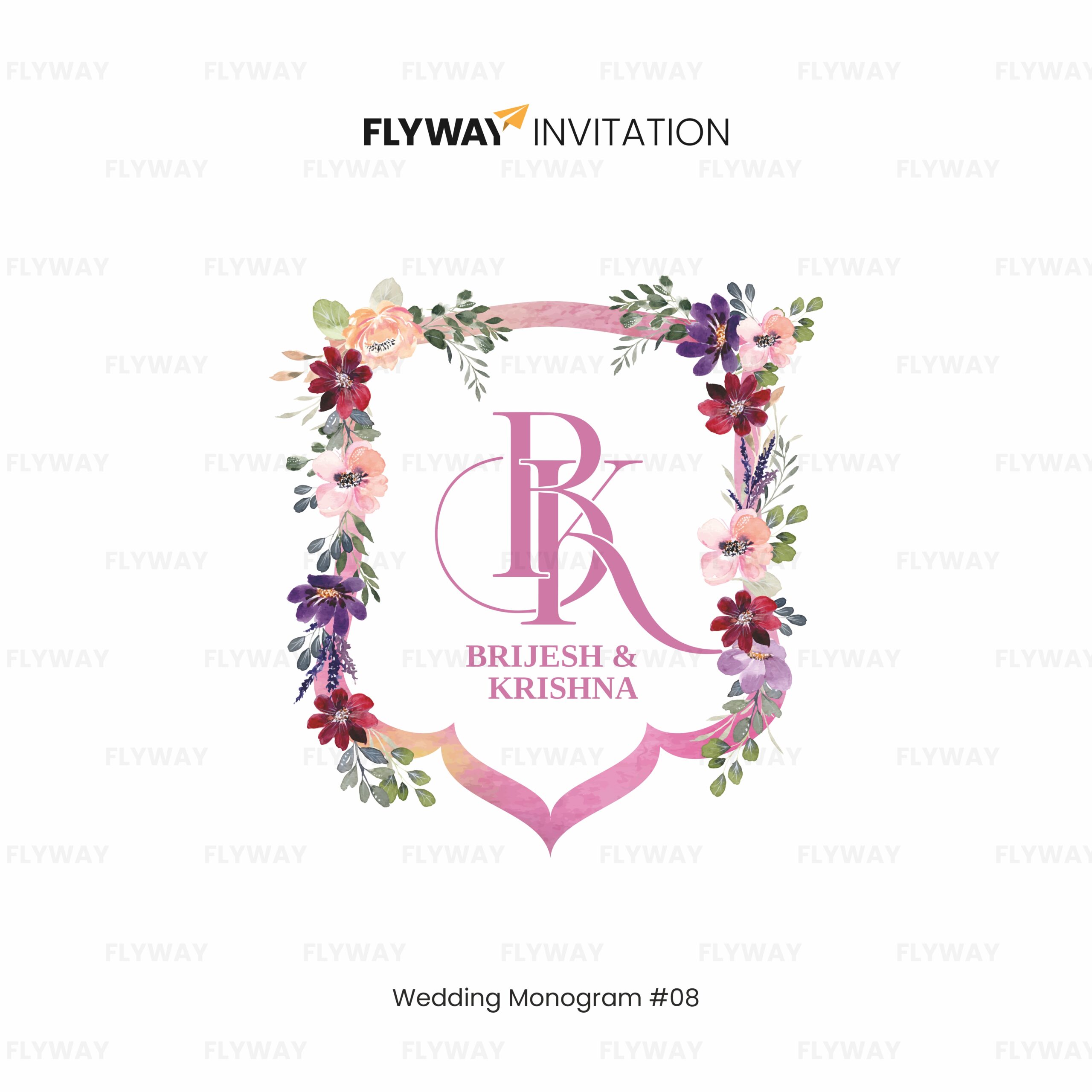 Floral elegance wedding monogram with couple name logo framed in pink and purple flowers.