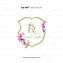 Elegant bloom wedding monogram with couple name logo, golden frame, and floral accents.