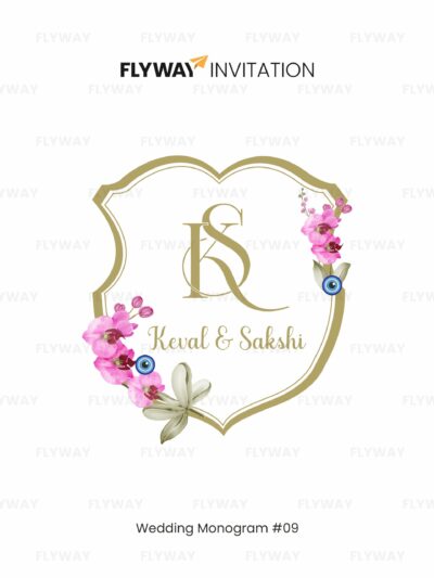 Elegant bloom wedding monogram with couple name logo, golden frame, and floral accents.