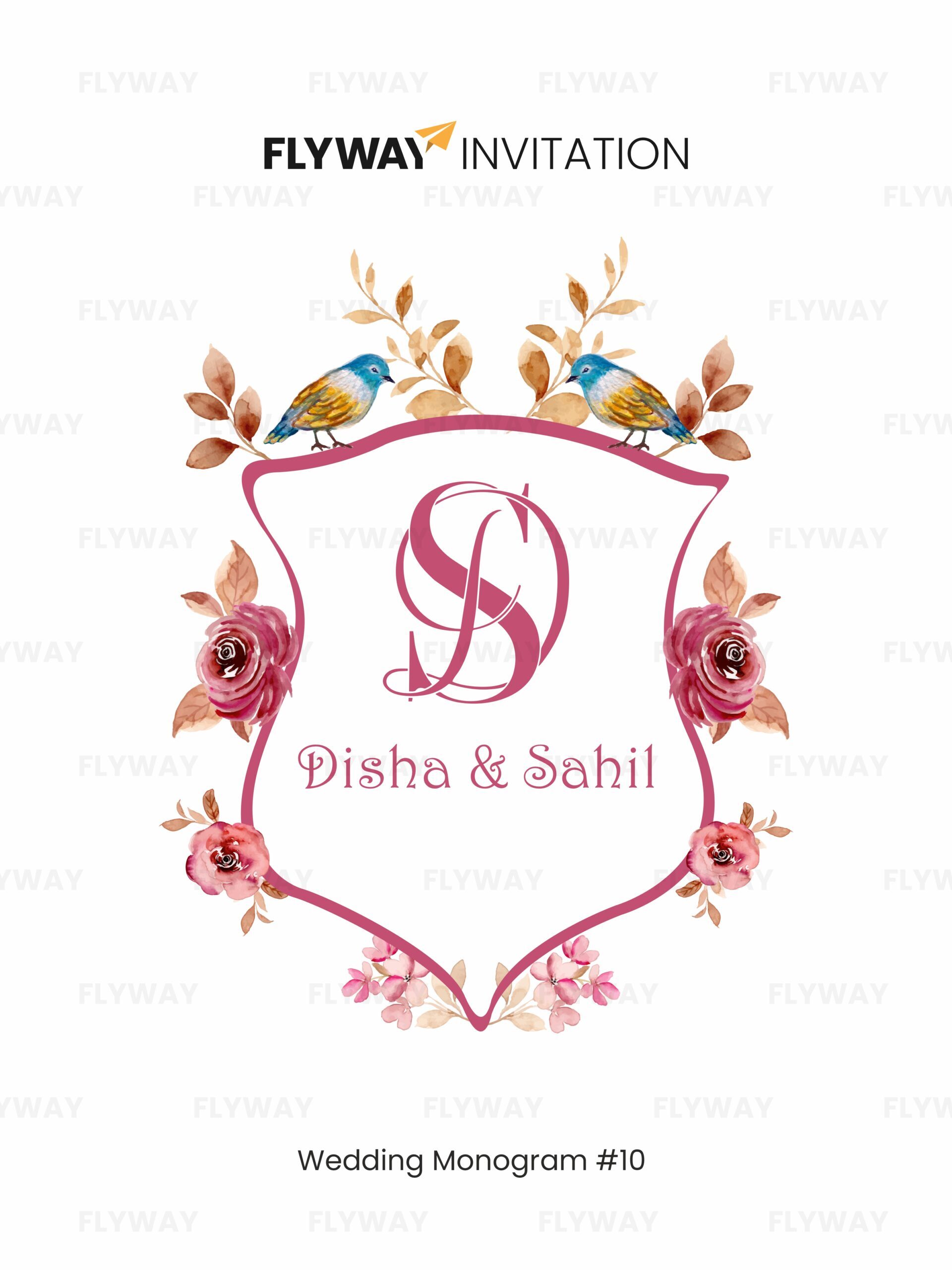Romantic blossom wedding monogram with couple name logo, pink floral frame, and decorative lovebirds.