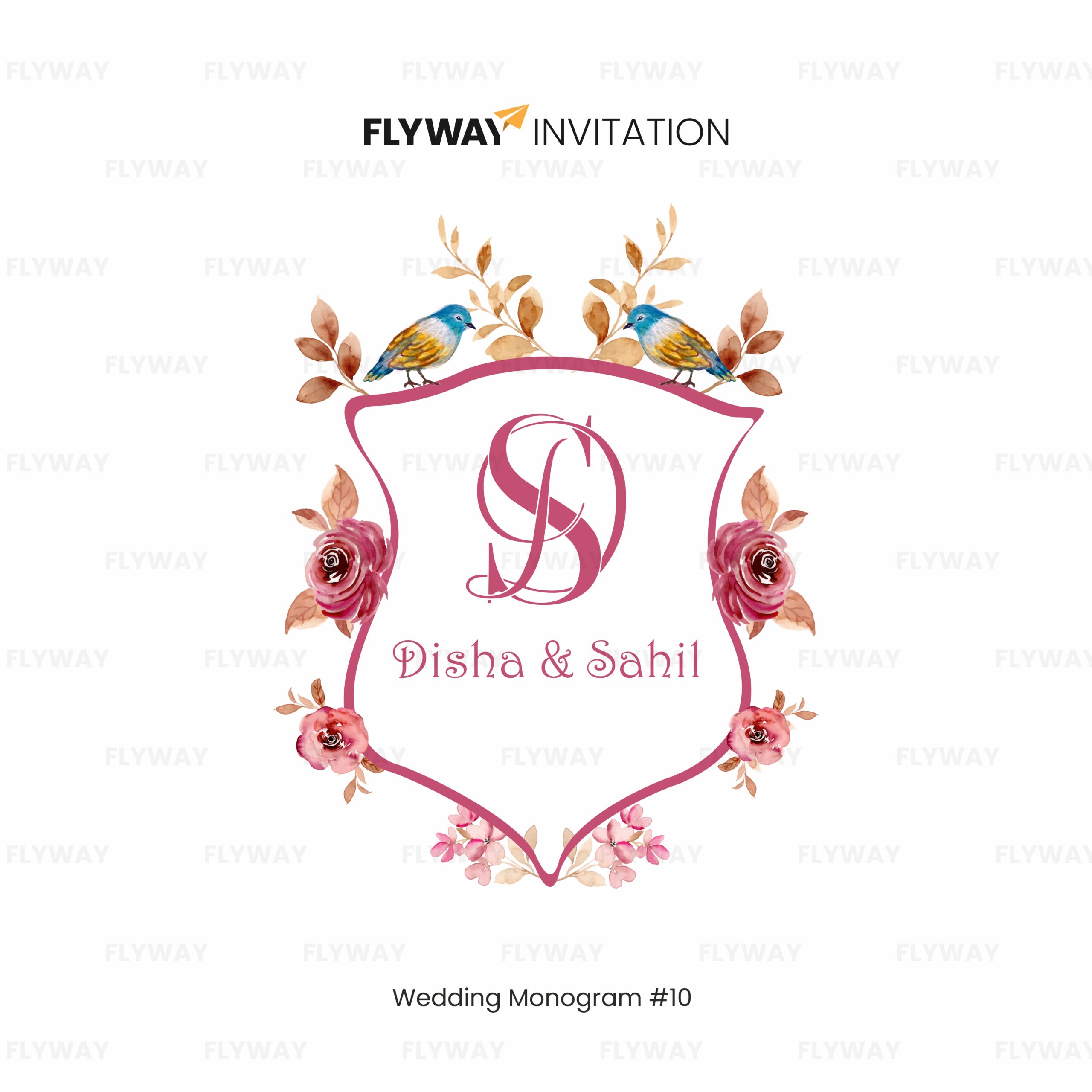 Romantic blossom wedding monogram with couple name logo, pink floral frame, and decorative lovebirds.