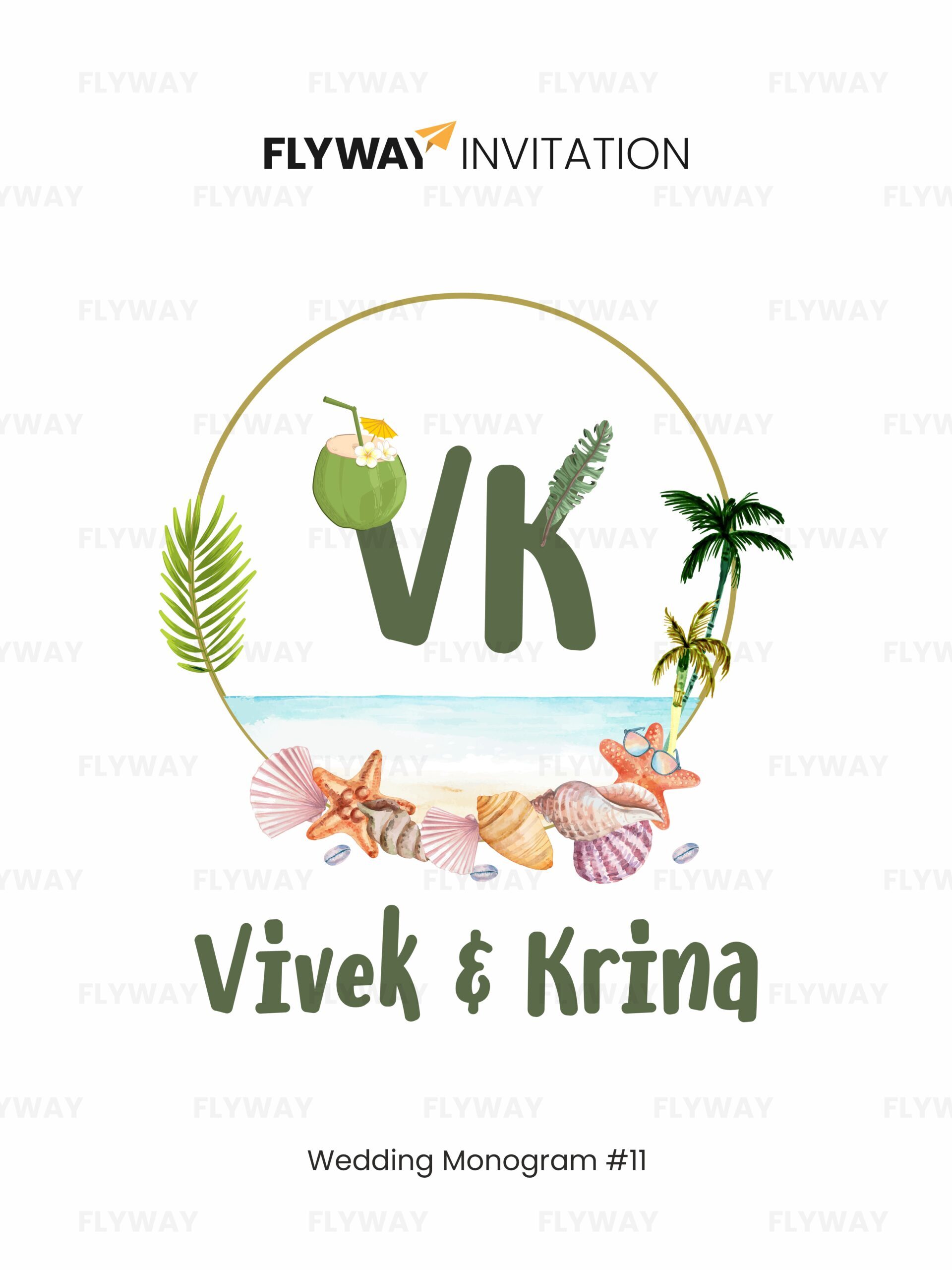 Tropical beach wedding monogram with seashells, palm trees, and couple name logo.