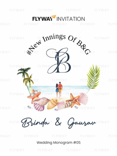Coastal wedding monogram with seashells, palm trees, and couple illustration by the beach.