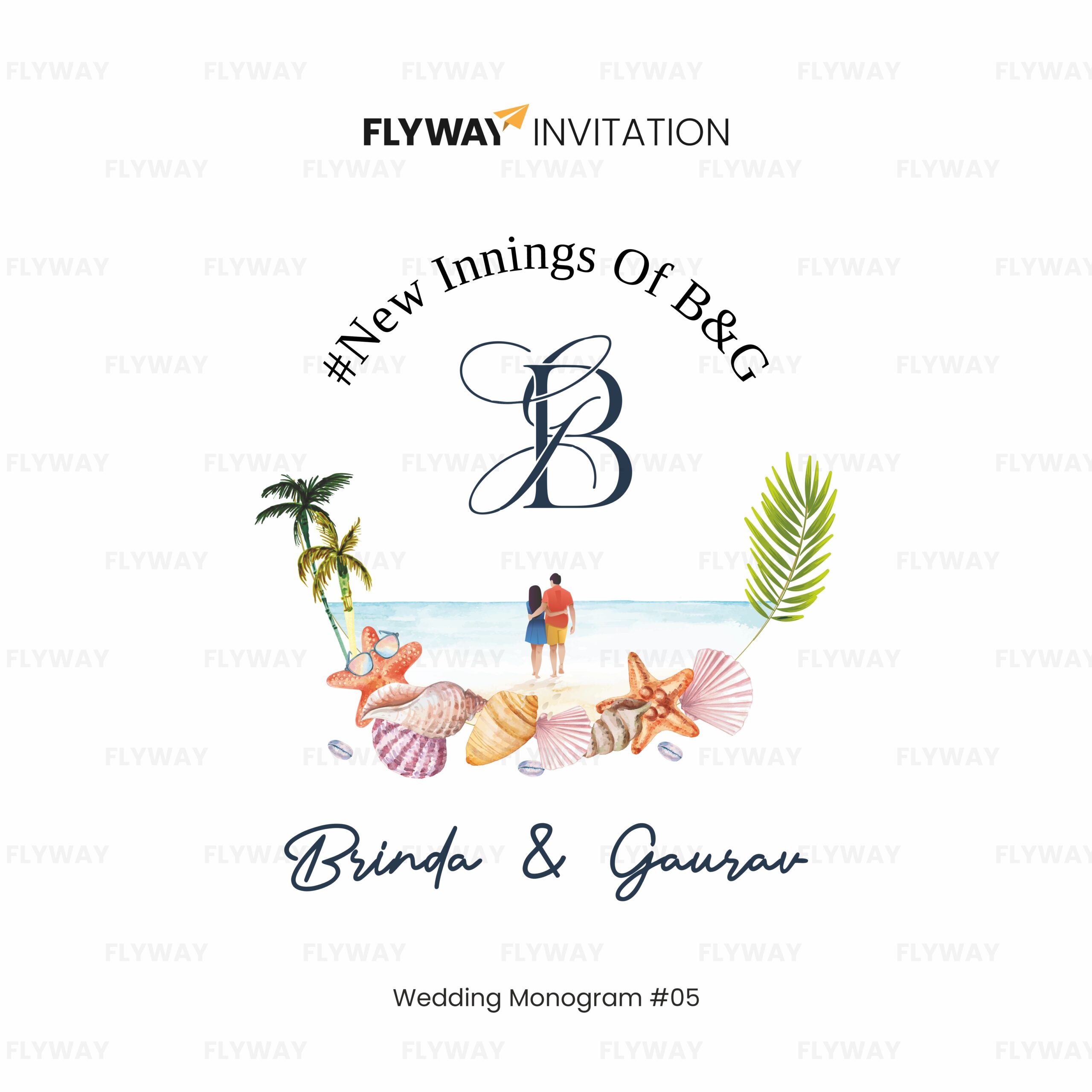 Coastal wedding monogram with seashells, palm trees, and couple illustration by the beach.