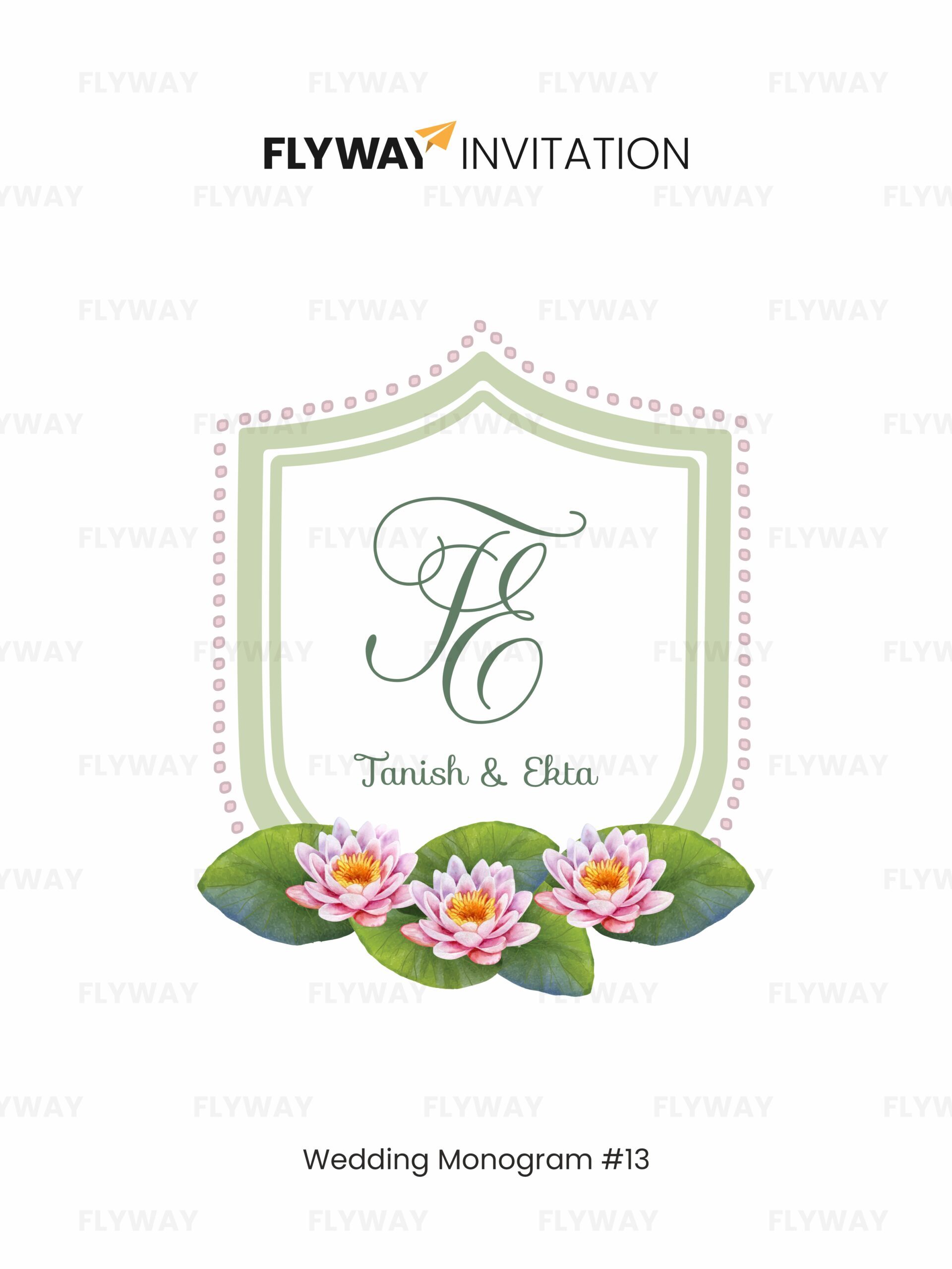 Lotus Elegance Wedding Monogram featuring initials inside a shield frame with pink lotus flowers – custom couple name logo design