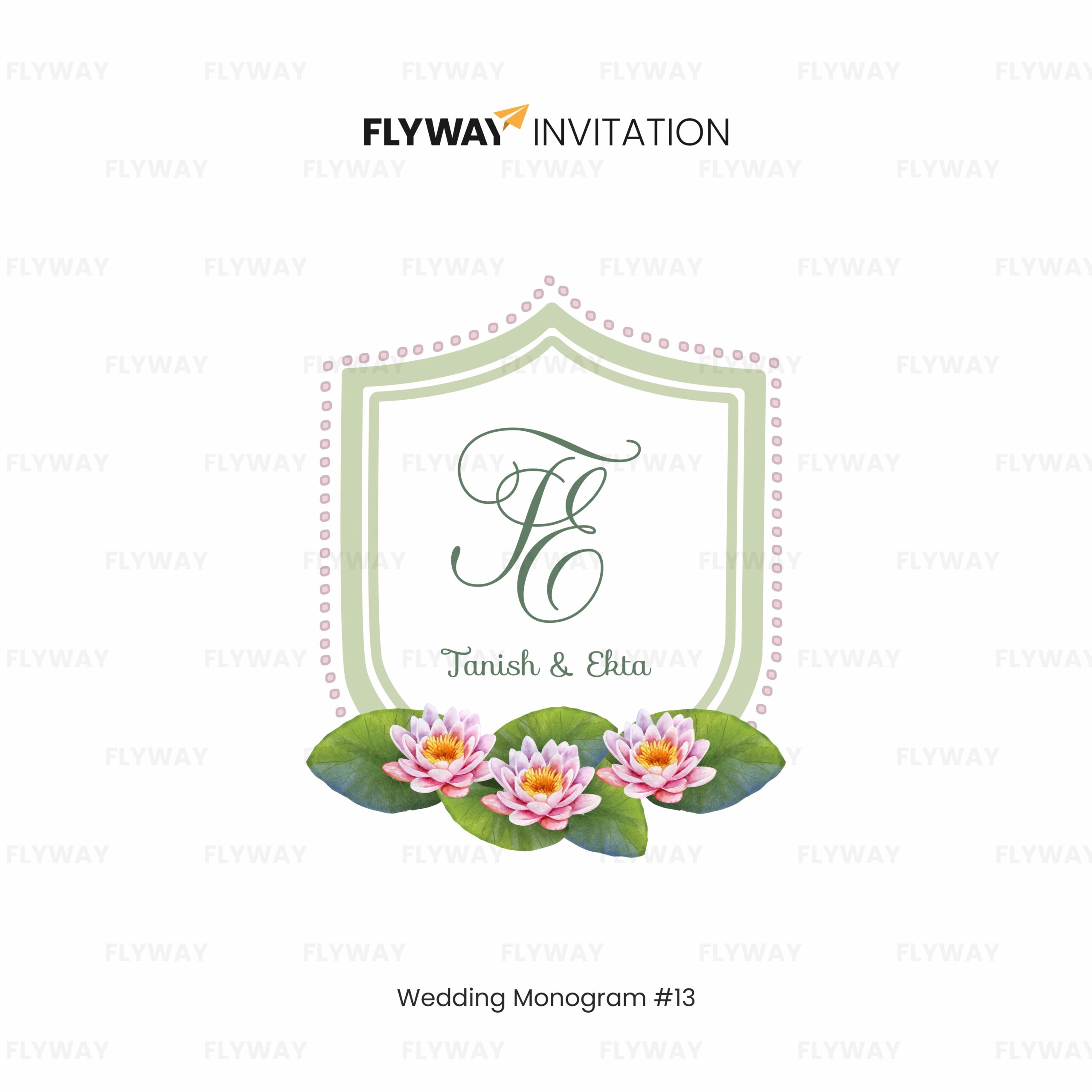 Lotus Elegance Wedding Monogram featuring initials inside a shield frame with pink lotus flowers – custom couple name logo design