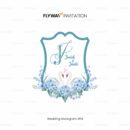 Swan Serenity Wedding Monogram with elegant swans, blue floral accents, and couple initials inside a crest frame – personalized wedding logo design.