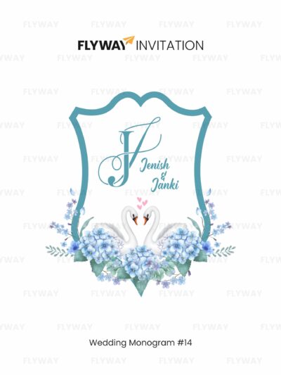 Swan Serenity Wedding Monogram with elegant swans, blue floral accents, and couple initials inside a crest frame – personalized wedding logo design.