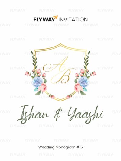 “Elegant Bloom Wedding Monogram with golden initials, pastel floral wreath, and couple name – personalized wedding logo design.
