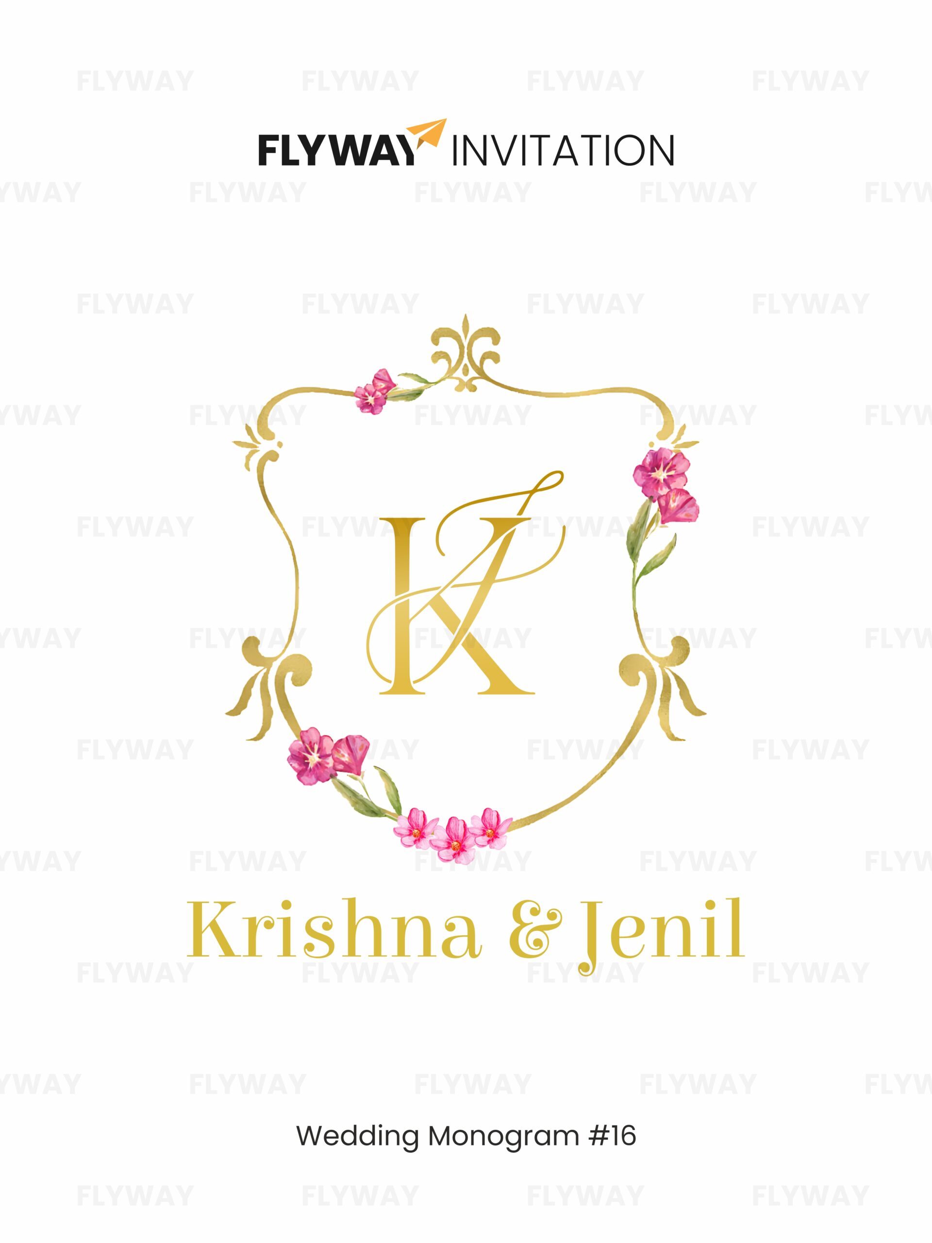 Regal Floral Elegance Wedding Monogram with golden initials, ornate frame, and pink floral accents – personalized couple name wedding logo.