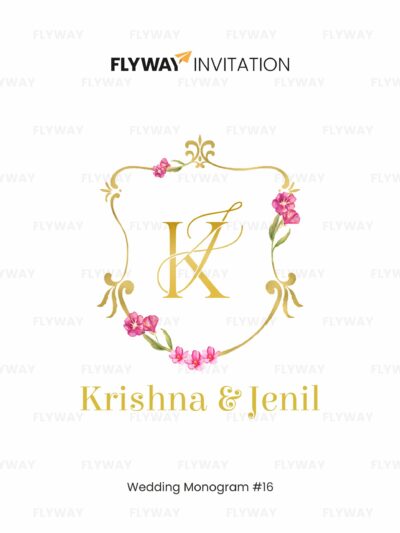 Regal Floral Elegance Wedding Monogram with golden initials, ornate frame, and pink floral accents – personalized couple name wedding logo.