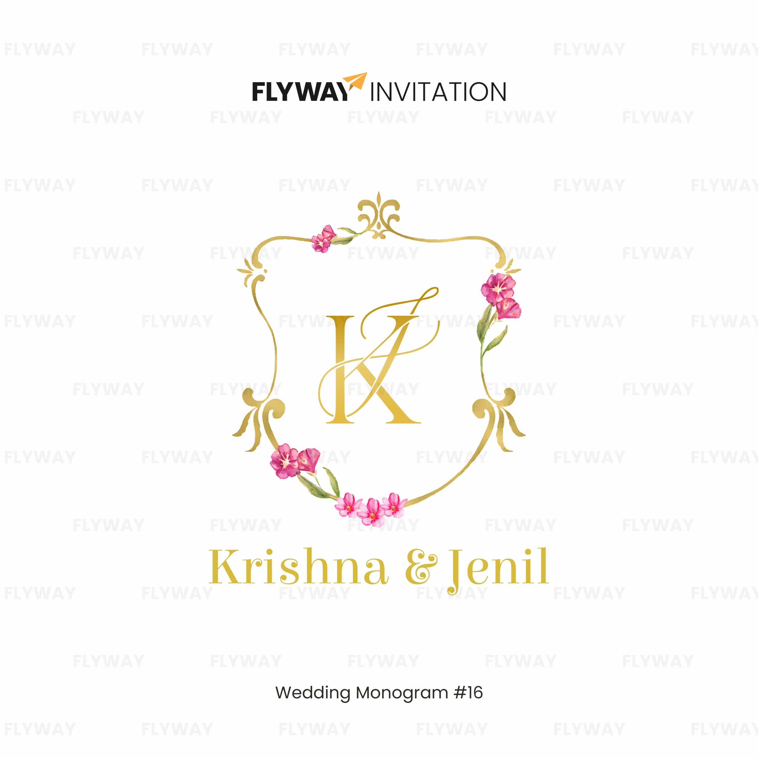Regal Floral Elegance Wedding Monogram with golden initials, ornate frame, and pink floral accents – personalized couple name wedding logo.