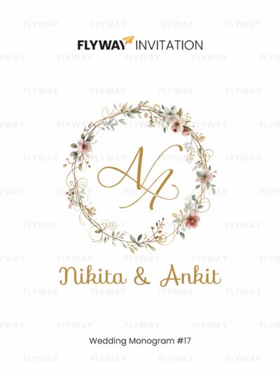 Elegant floral wedding monogram logo for Nikita & Ankit with initials in gold inside a delicate wreath design.