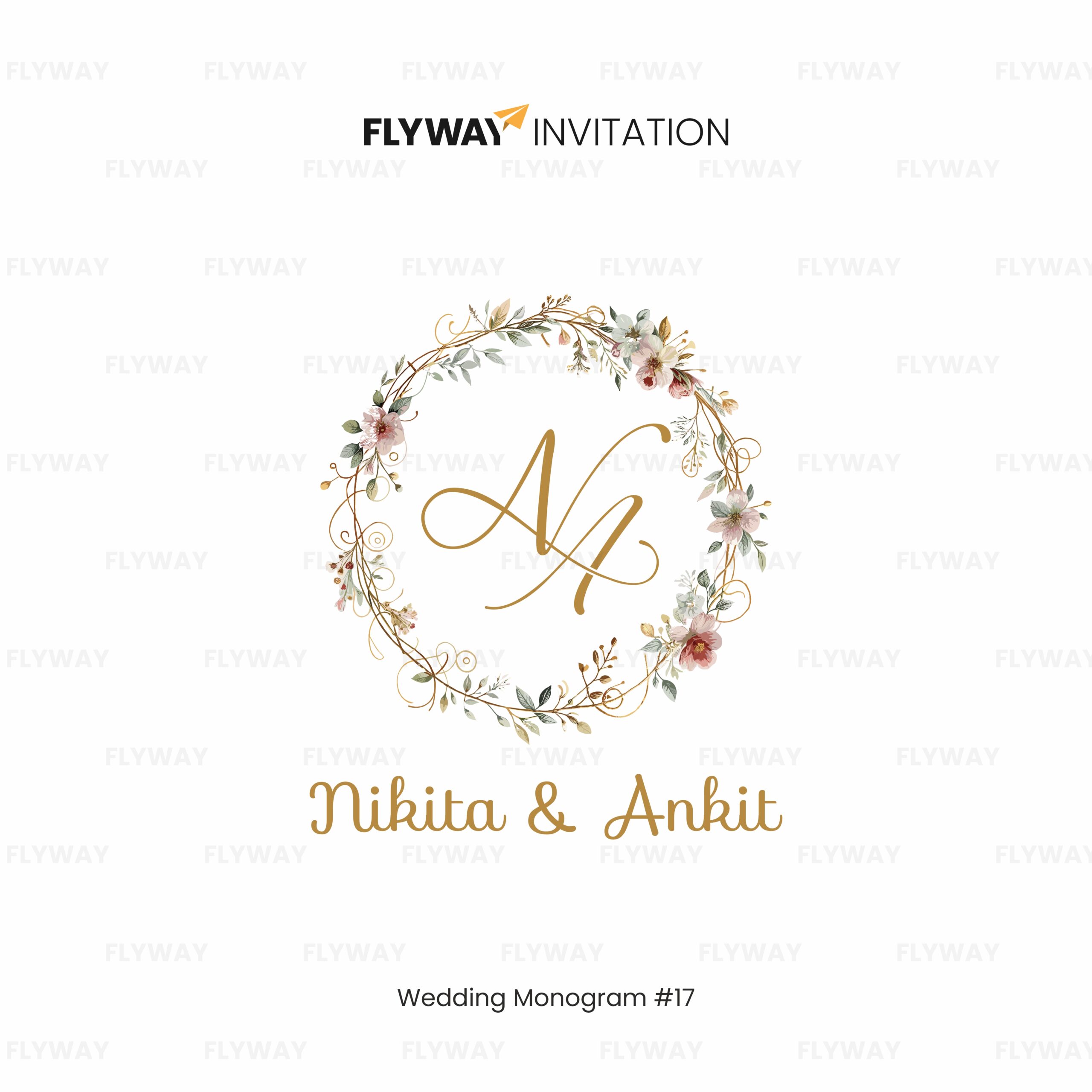 Elegant floral wedding monogram logo for Nikita & Ankit with initials in gold inside a delicate wreath design.