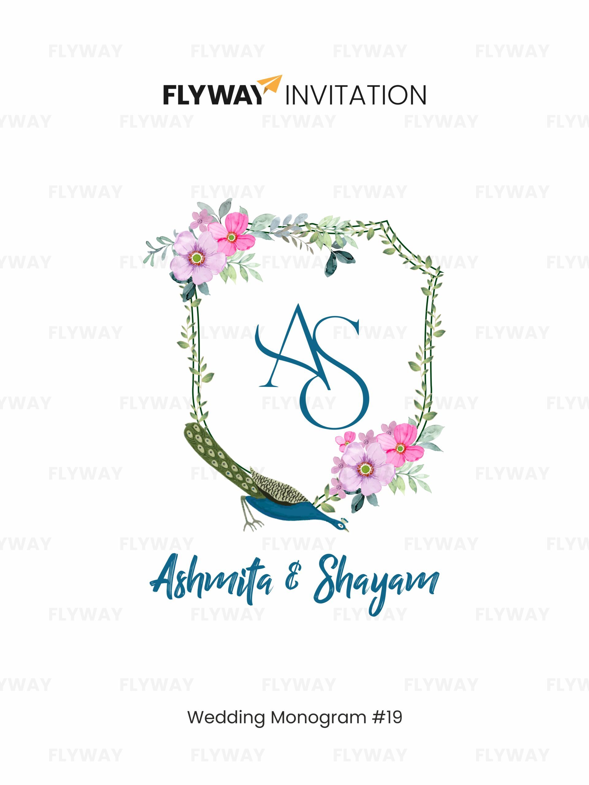 Peacock Garden Charm Wedding Monogram logo with initials, floral accents, and an elegant peacock design for personalized couple branding.