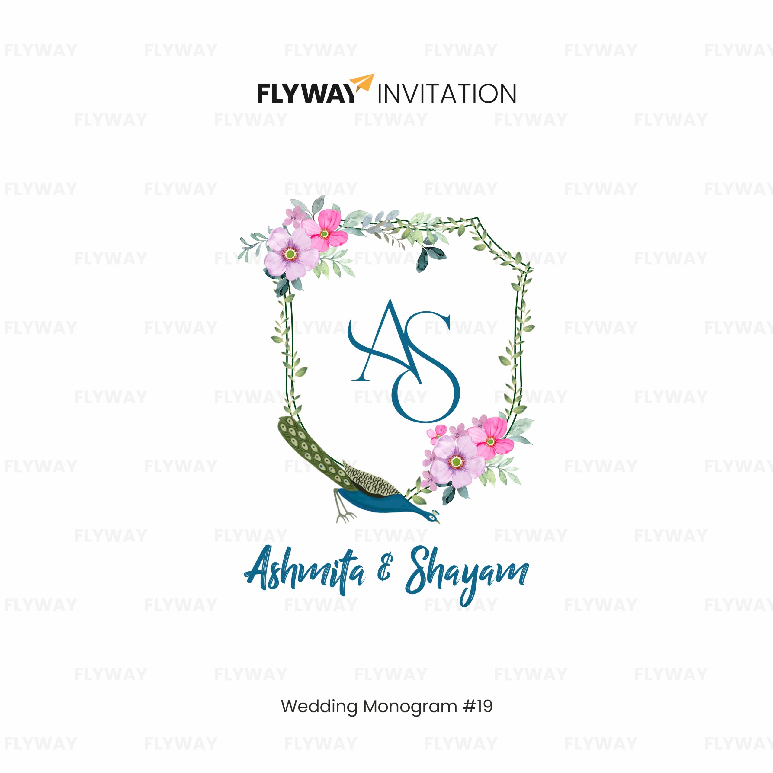 Peacock Garden Charm Wedding Monogram logo with initials, floral accents, and an elegant peacock design for personalized couple branding.