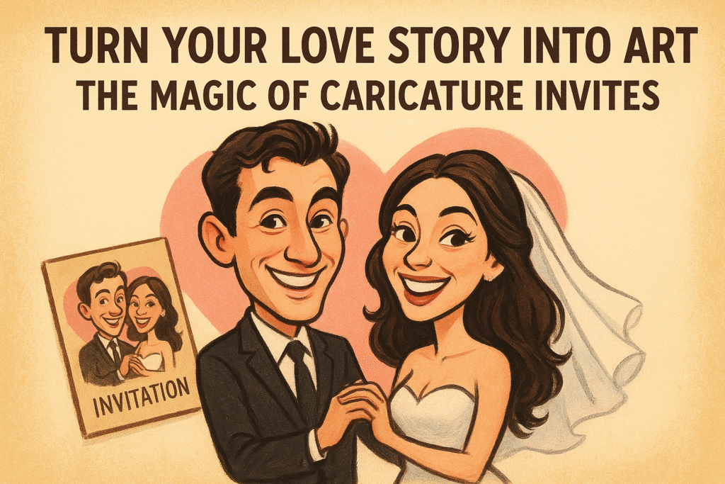Caricature illustration of a smiling bride and groom holding hands with a heart background, promoting the idea of turning love stories into art through caricature wedding invitations.