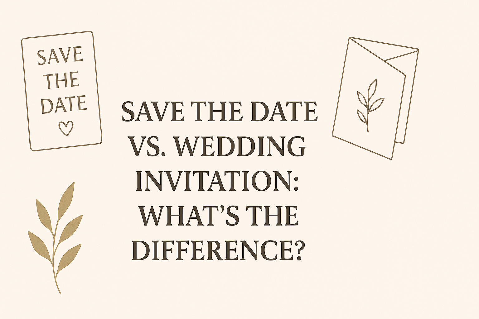 Minimalist blog image comparing Save the Date cards and wedding invitations with centered title and simple line illustrations.