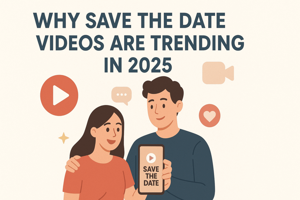 Couple holding a smartphone with a "Save the Date" video, highlighting why save the date videos are trending in 2025.