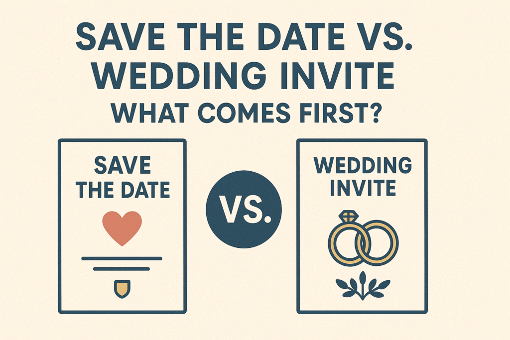 Illustration comparing Save the Date cards and Wedding Invitations with a “VS.” in between, asking what comes first.