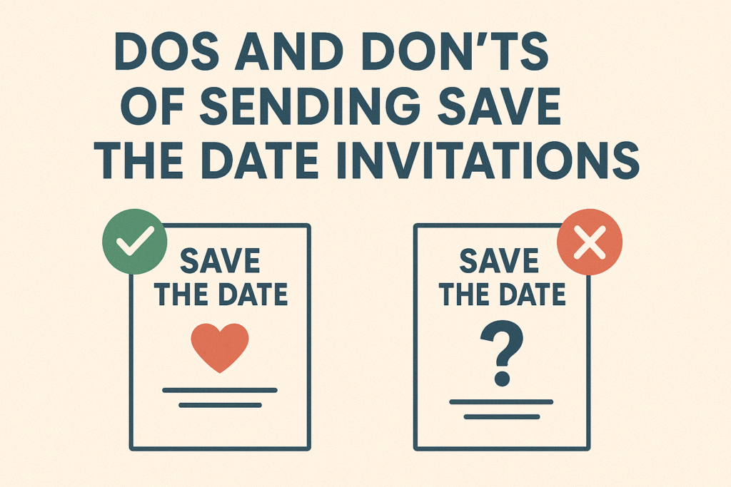 Flat-style digital illustration showing “Dos and Don’ts of Sending Save the Date Invitations” with icons representing good practices (calendar, email, smiling guests) and mistakes (late timing, missing details, confusion).