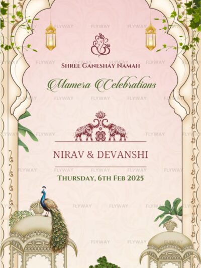 Elegant English Mayra ceremony invitation front page with arch frame, peacocks, floral greenery, lanterns, and couple names.