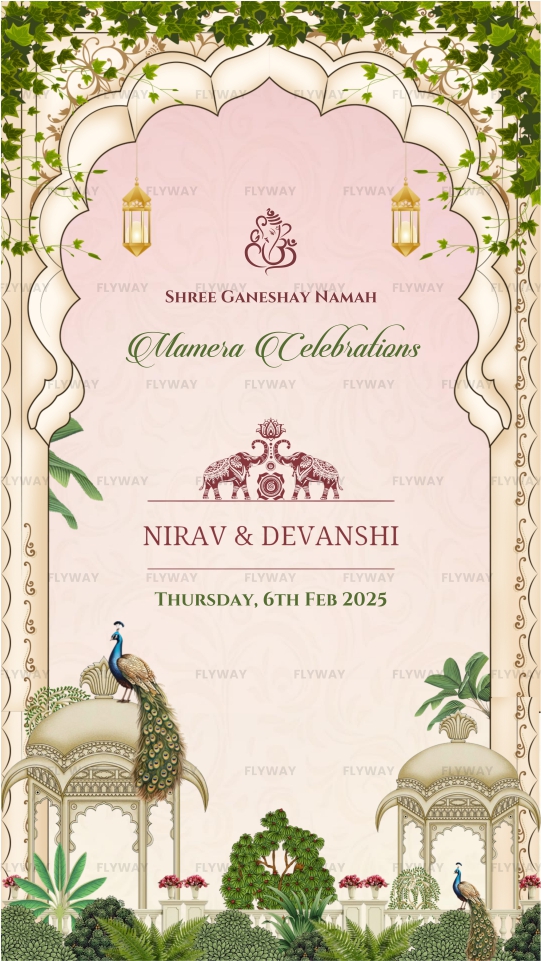 Elegant English Mayra ceremony invitation front page with arch frame, peacocks, floral greenery, lanterns, and couple names.