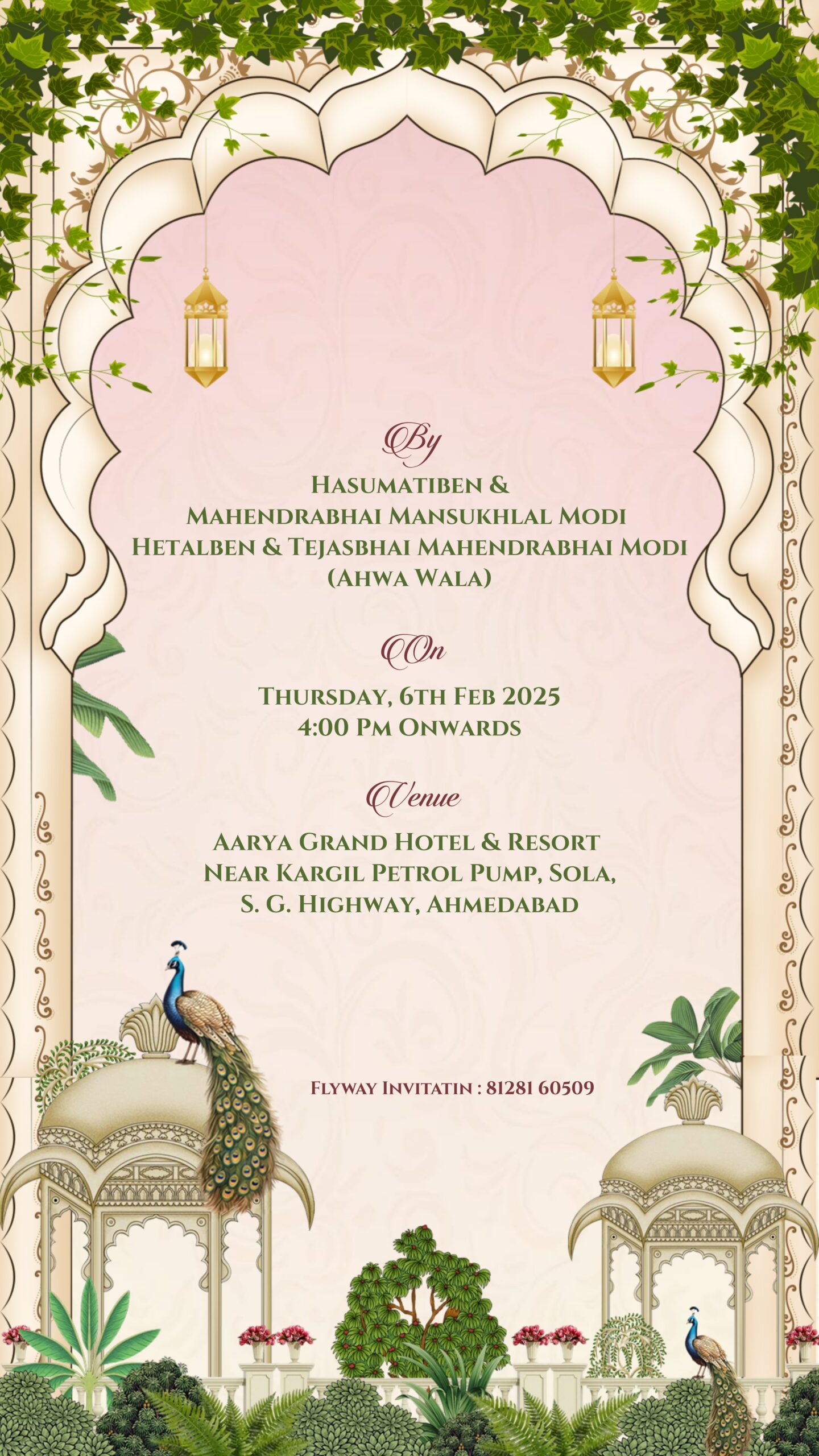 English Mayra ceremony schedule and venue page with peacocks, floral greenery, lanterns, and decorative arch.