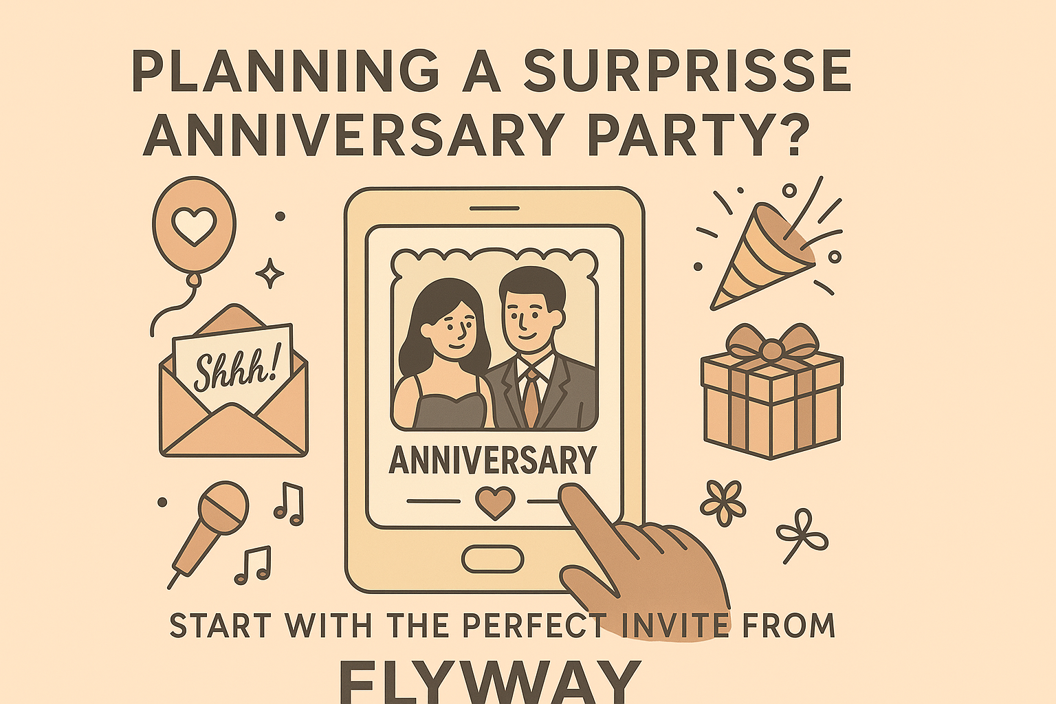 Digital illustration showing a smartphone with a couple’s anniversary invite, surrounded by icons like a heart balloon, envelope, gift box, and confetti, representing a surprise anniversary party invitation by Flyway Invitation.