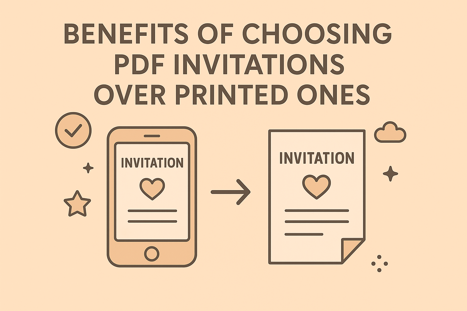Flat digital illustration comparing a PDF invitation on a smartphone with a printed card, showing the shift from paper invites to digital formats.