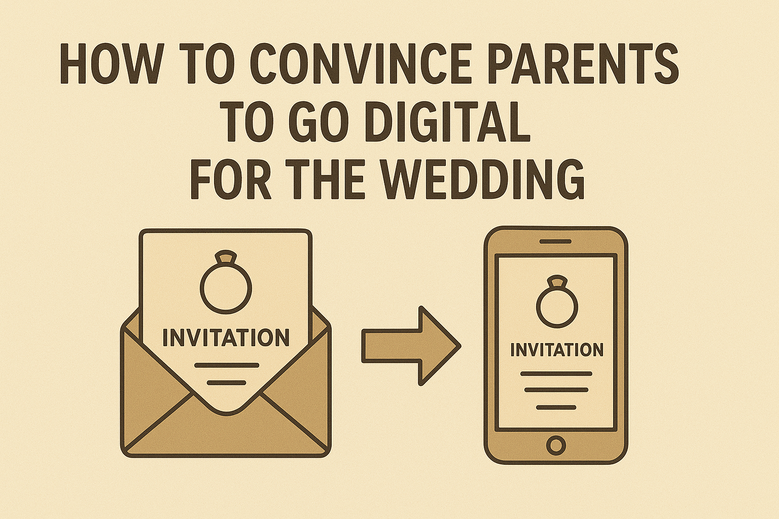 Illustration showing transition from traditional wedding invitation to digital invitation on smartphone with connecting arrow on beige background