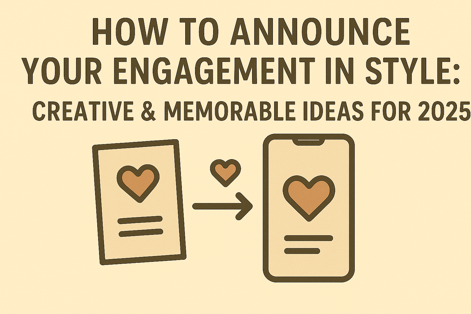 Minimalist beige graphic featuring a paper invitation and smartphone with heart icons, symbolizing creative and digital engagement announcement ideas for 2025.