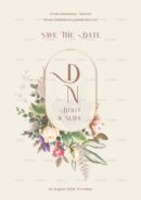 Pastel floral save-the-date card with monogram centerpiece in elegant frame