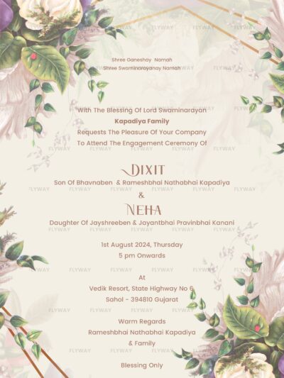 Pastel floral engagement invitation card with botanical illustrations and elegant typography